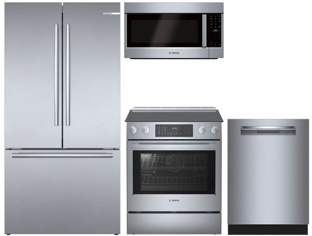 Bosch 4-piece French Door Refrigerator and Slide In Electric Range Kitchen Package