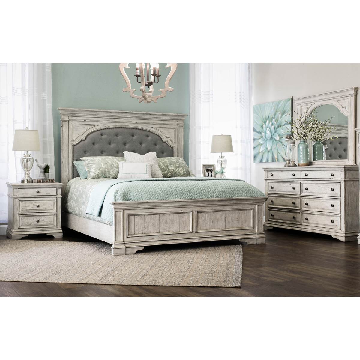 Steve Silver Co. Highland Park Cathedral White King Bed, Dresser, Mirror & Nightstand
