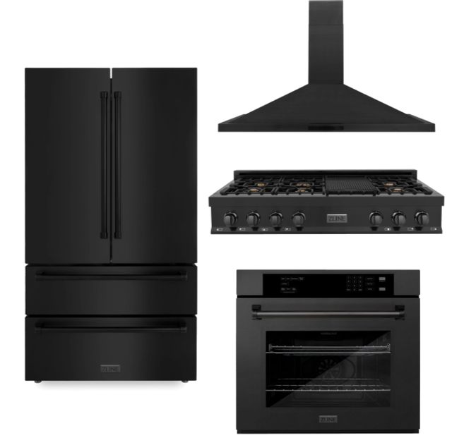 ZLINE Kitchen Package with Black Stainless Steel Refrigeration, 48" Rangetop, 48" Range Hood and 30" Single Wall Oven-0