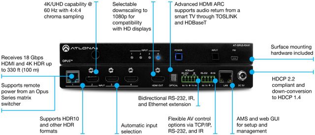 Atlona® Four-Input 4K HDR Switcher with HDMI and HDBaseT Inputs 1