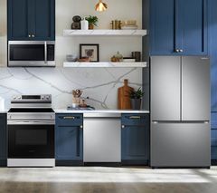 SAMSUNG 4 Piece Kitchen Package with a 22 cu. ft. 30” Wide Smart 3-Door French Door Refrigerator PLUS a FREE 10 PC Luxury Cookware Set