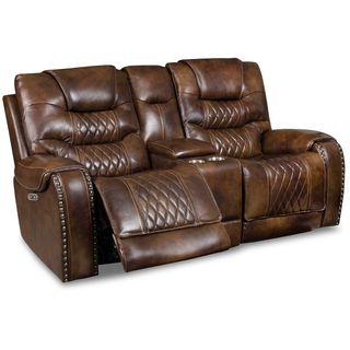 Corinthian Furniture Sahara Leather Power Recliner Console Loveseat with Power Headrests