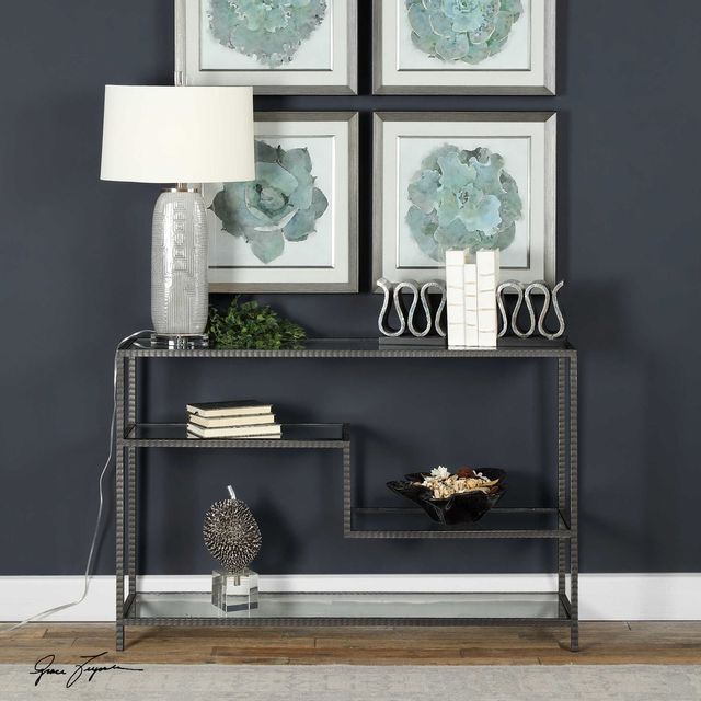 Uttermost® Leo Glass Top Console Table with Aged Gunmetal Frame-2