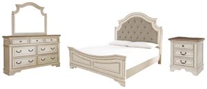 Signature Design by Ashley® Realyn 4-Piece Chipped White King Upholstered Panel Bed Set