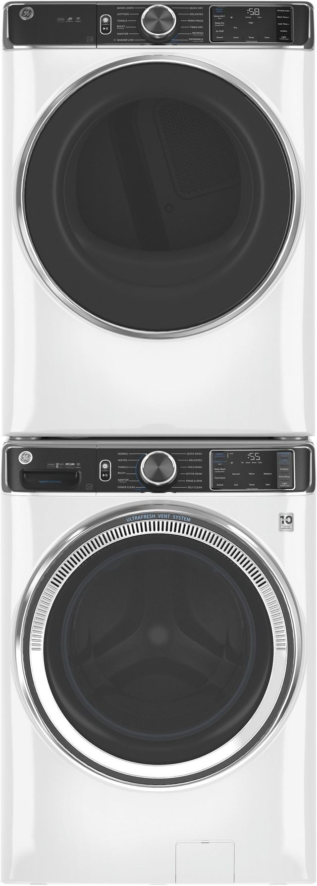 GE 850 Series White Front Load Washer & Electric Dryer Package w/ Pedestals-1