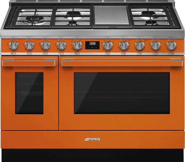 Smeg Portofino Aesthetic 48" Orange Pro Style Dual Fuel Range 0