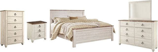 Signature Design by Ashley® Willowton 5-Piece Whitewash California King Panel Bed Set