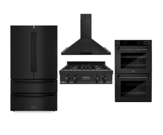 Kitchen Package with Black Stainless Steel Refrigeration, 30" Rangetop, 30" Range Hood and 30" Double Wall Oven-0