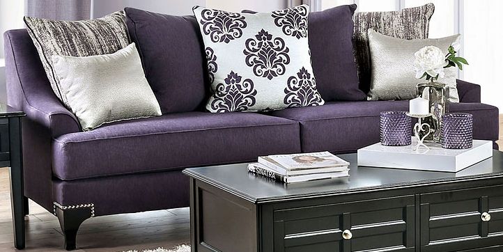 Grey couch hotsell purple pillows