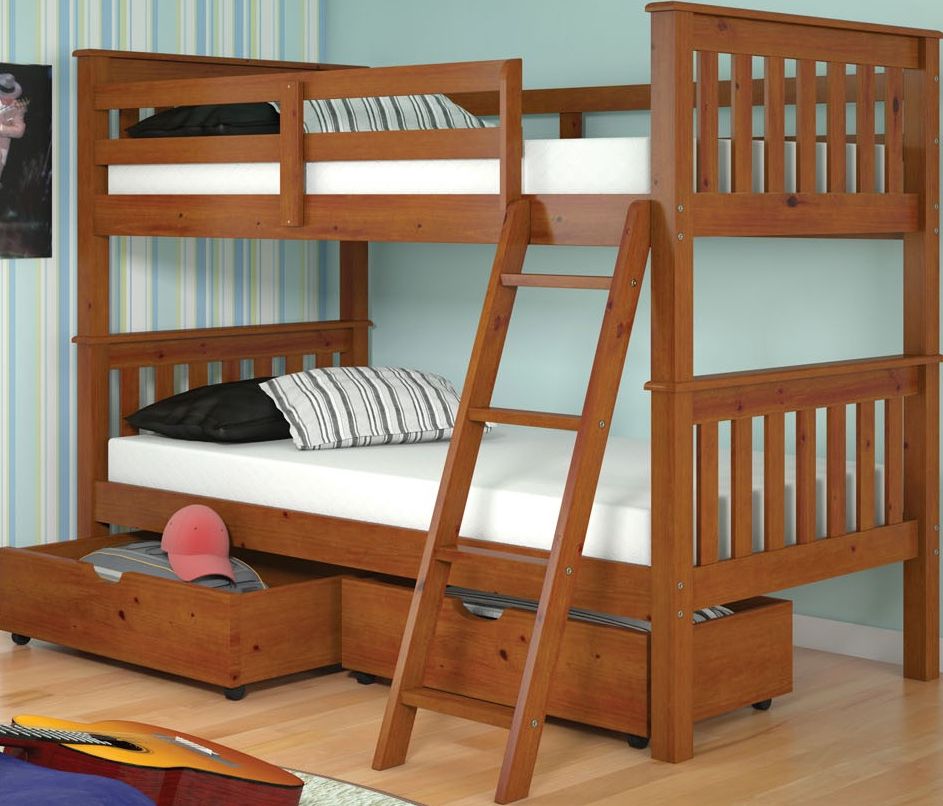 Donco Trading Company Light Espresso Twin/Twin Mission Bunk Bed With Dual Under Bed Drawers