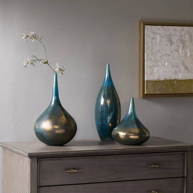Olliix by Madison Park Signature Blue Metal Set of 3 Aurora Handmade Rainbow Glass Vases-1