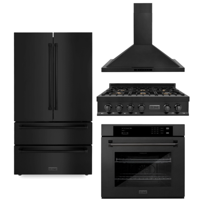 ZLINE Kitchen Package with Black Stainless Steel Refrigeration, 36" Rangetop, 36" Range Hood and 30" Single Wall Oven