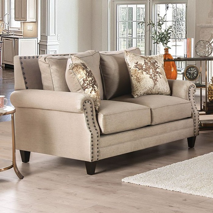 beige sofa with wood trim