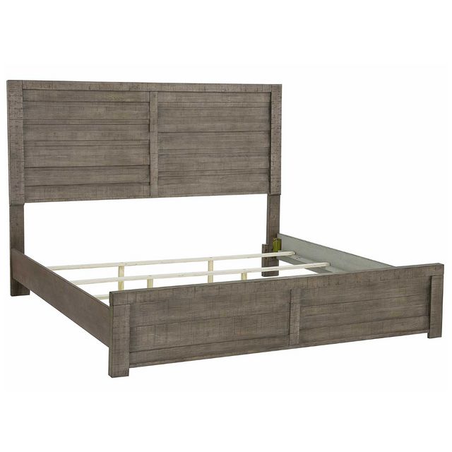 Samuel Lawrence Furniture Ruff Hewn Grey Queen Panel Bed, Dresser, Mirror & Nightstand-3