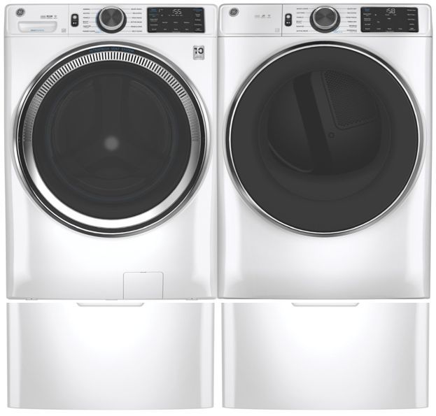 GE 650 Series White Front Load Washer & Electric Dryer Package w/ Pedestals