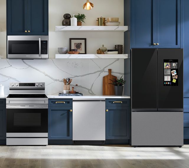 Samsung 4 Pc Kitchen Package with a 30 cu. ft. Smart BESPOKE 3-Door French Door Family Hub Refrigerator with Beverage Center PLUS a FREE 10pc Luxury Cookware Set! ($800 Value)