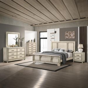New Classic Home Furnishings Ashland Rustic White Full Panel Bed, Dresser/Mirror, & Nightstand