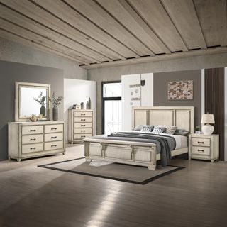 New Classic Home Furnishings Ashland Rustic White Queen Panel Bed, Dresser/Mirror, & Nightstand