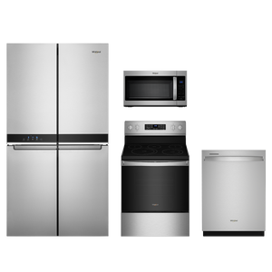 Whirlpool 4pc Appliance Package - 19.4 Cu. Ft. Counter-Depth Side-by-Side Quad Door Fridge and Convection Electric Range with Air Fry