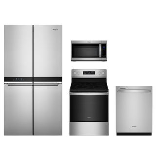 Whirlpool 4pc Appliance Package - 19.4 Cu. Ft. Counter-Depth Side-by-Side Quad Door Fridge and Convection Electric Range with Air Fry
