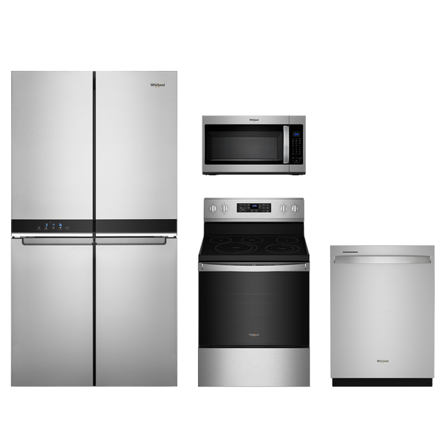 Whirlpool 4pc Appliance Package - 19.4 Cu. Ft. Counter-Depth Side-by-Side Quad Door Fridge and Convection Electric Range with Air Fry-0