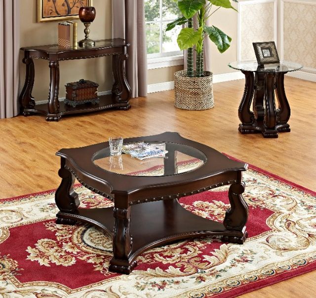 Crown Mark Madison Glass Top Coffee Table with Brown Base-2