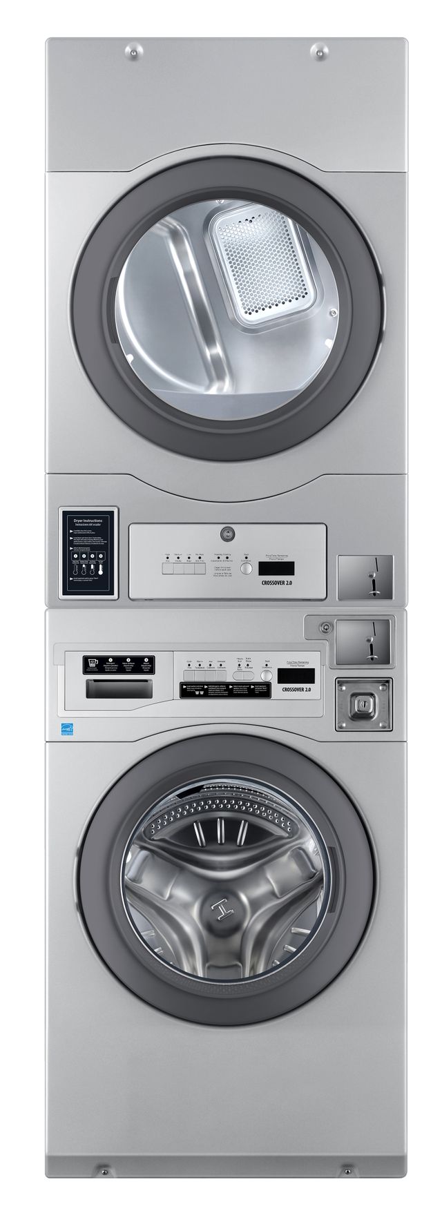 Crossover True Commercial Laundry - 7.0 Cu. Ft. Silver Heavy Duty Bottom Control Gas Dryer with Coin Option/Card Ready Included (Stacked application) 1