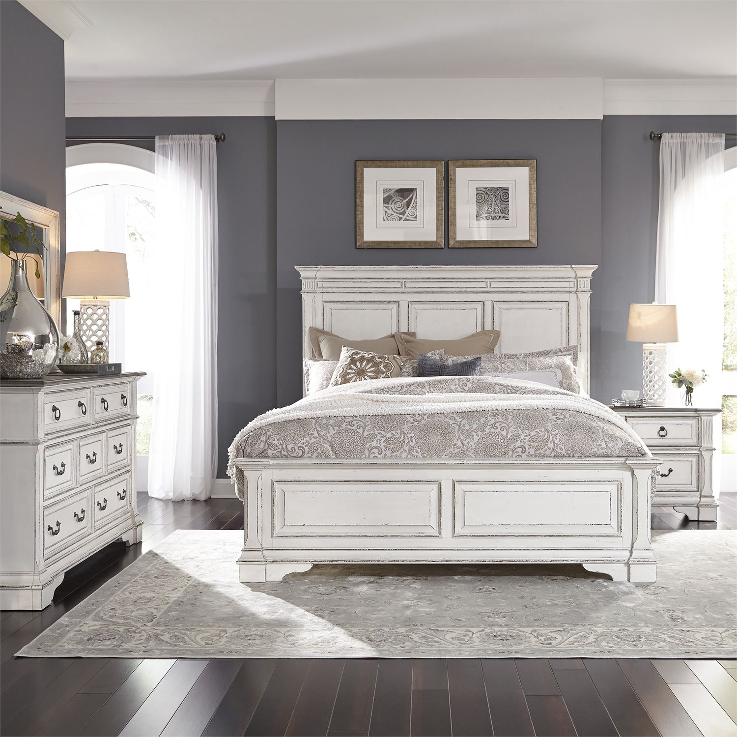 abbey park antique white upholstered sleigh bedroom set