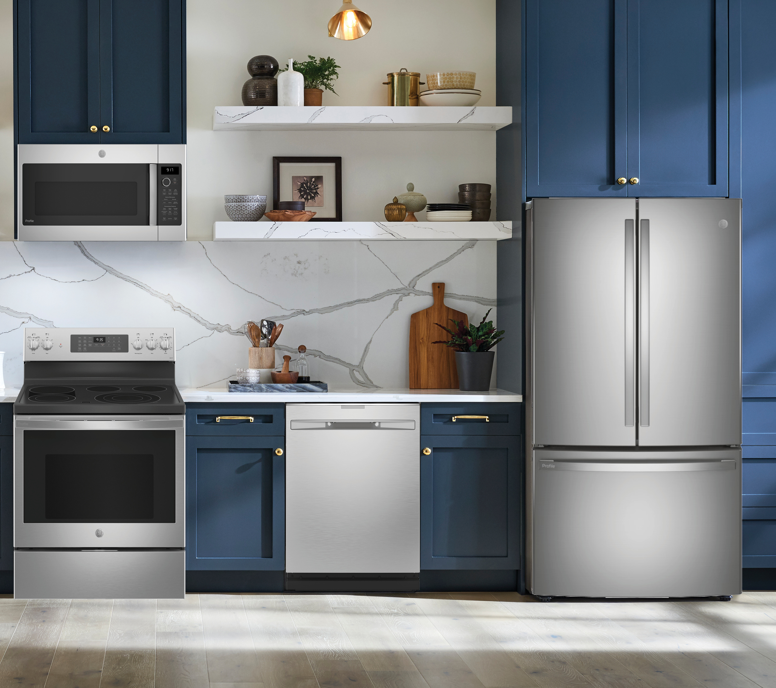GE Profile 4 Pc Kitchen Package with 23.1 Cu. Ft. Counter-Depth French-Door Refrigerator with Internal Water Dispenser PLUS FREE 10pc Luxury Cookware!
