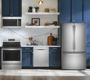 GE Profile 4 Pc Kitchen Package with 23.1 Cu. Ft. Counter-Depth French-Door Refrigerator with Internal Water Dispenser PLUS FREE 10pc Luxury Cookware! ($800 Value!)