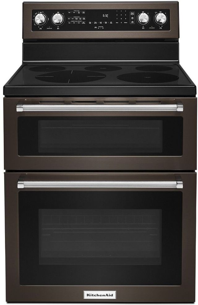 KitchenAid® 29.94" Black Stainless Steel with PrintShield™ Finish Free Standing Electric Double Convection Range