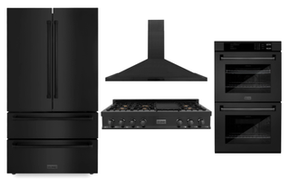 ZLINE Kitchen Package with Black Stainless Steel Refrigeration, 48" Rangetop, 48" Range Hood and 30" Double Wall Oven