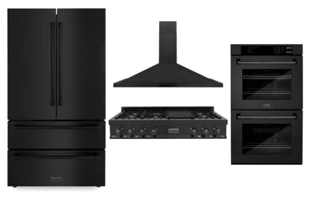 ZLINE Kitchen Package with Black Stainless Steel Refrigeration, 48" Rangetop, 48" Range Hood and 30" Double Wall Oven-0