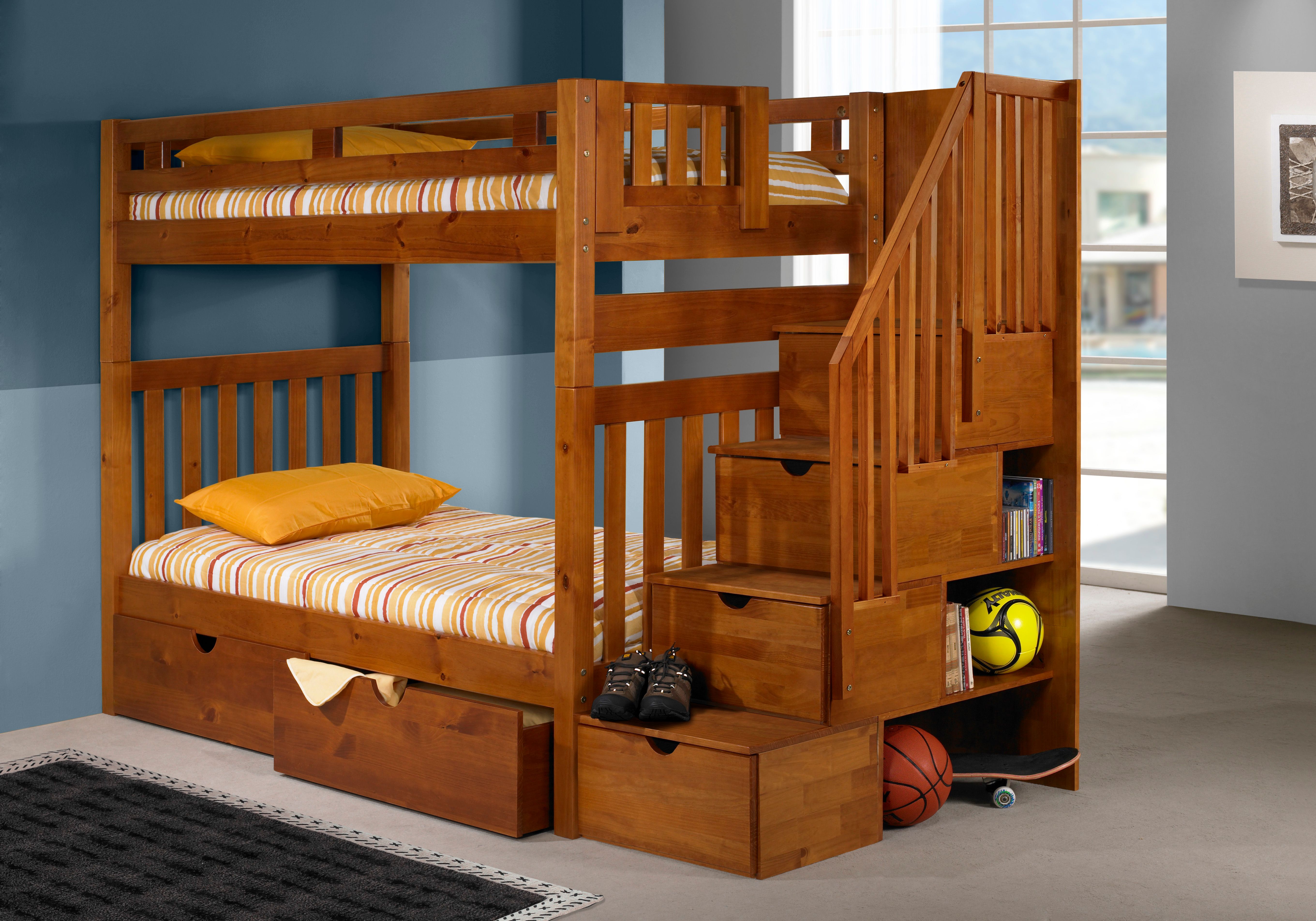 Donco Trading Company Twin Over Twin Tall Mission Stairway Bunk Bed With Dual Under Bed Drawers