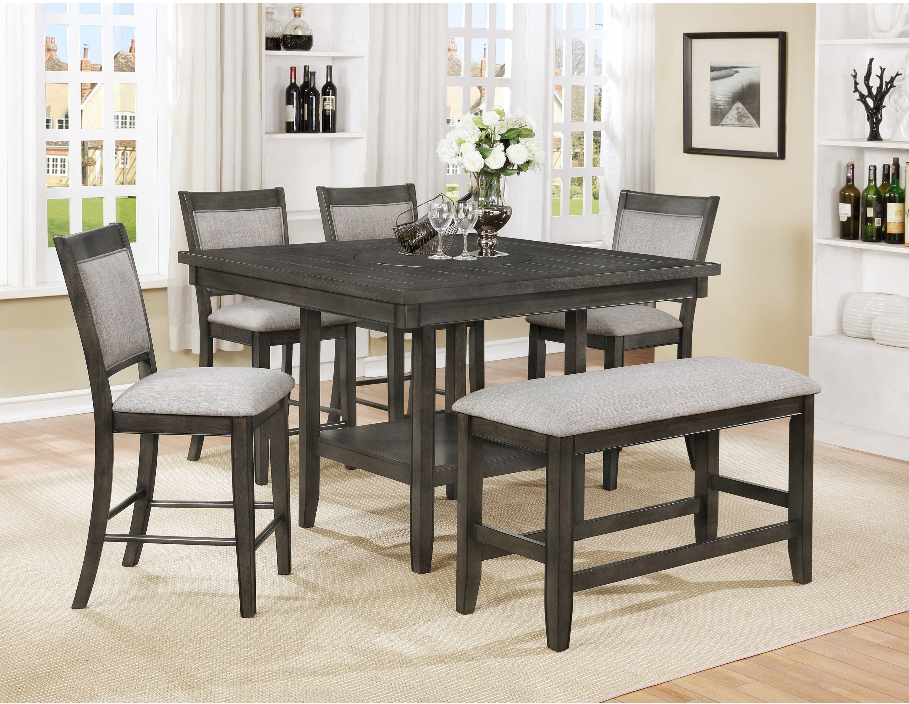 Crown Mark Fulton 6 Piece Vintage Gray Counter Height Dining Table Set with Bench