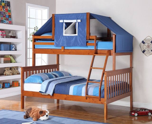 Donco Trading Company Light Espresso Twin/Full Mission Bunk Bed With Blue Tent-0