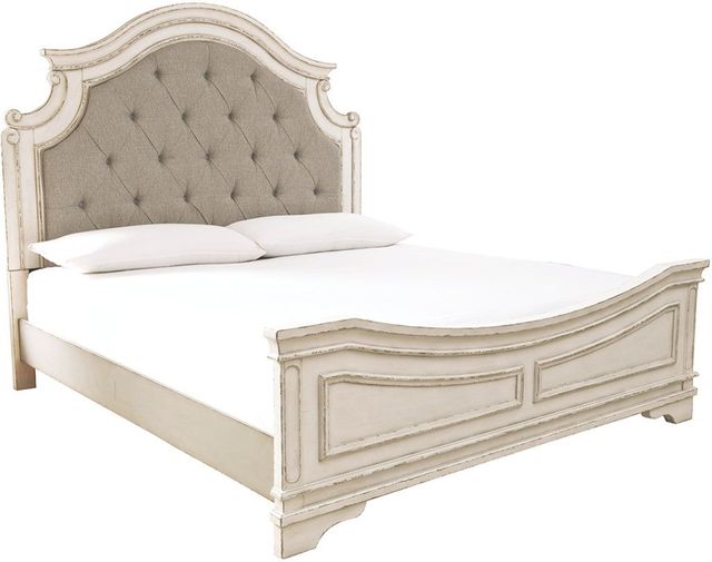 Signature Design by Ashley® Realyn 5-Piece Chipped White California King Upholstered Panel Bed Set 1