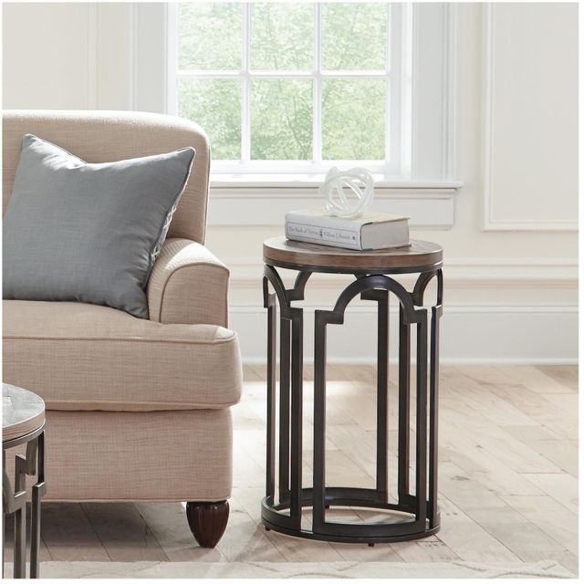Riverside Furniture Estelle Washed Gray Round Chairside Table with Black Base-1
