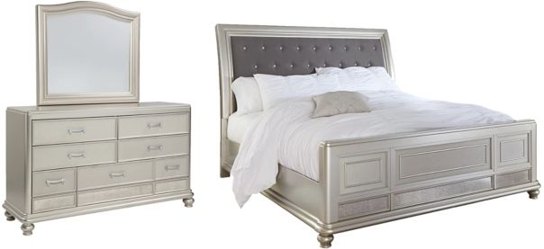 Signature Design by Ashley® Coralayne 3-Piece Silver Queen Upholstered Sleigh Bed Set