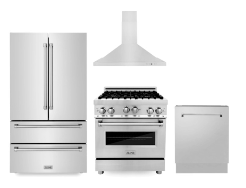 ZLINE Kitchen Package with Refrigeration, 30" Stainless Steel Gas Range, 30" Convertible Vent Range Hood and 24" Tall Tub Dishwasher