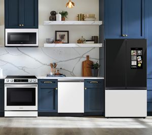 Samsung 4-Piece Kitchen Package with a 24 cu. ft. Counter-Depth Smart Bespoke 3-Door French Door Family Hub Refrigerator with Beverage Center PLUS a FREE $100 Furniture Gift Card!