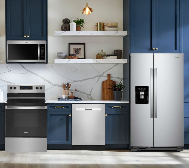 Whirlpool 4 Piece Kitchen Package with a 25 cu. ft. Side-by-Side Refrigerator in Stainless Steel
