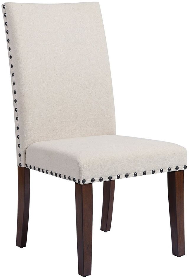 Stein World Hudgins Natural Linen Fabric with Bronze Nail Head. Acacia Wood Legs in Dark Cherry Dining Chair
