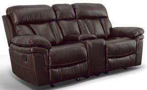 Man Wah Brown Leather Gliding Reclining Console Loveseat