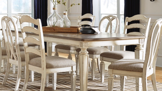 Chipped White Rectangle Dining Room Extension Table with 6 Chairs.