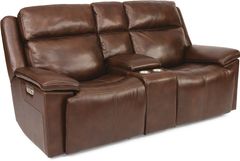 Flexsteel® Chance Brown Leather Power Gliding Loveseat with Console and Power Headrest