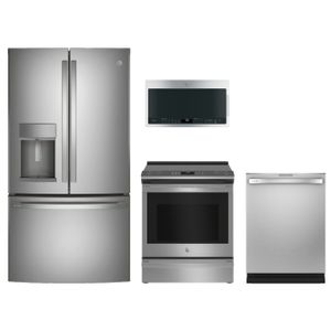 GE Profile™ 4-Piece Appliance Package with Counter Depth French Door and 5-Burner Front Control Electric Range with No-Preheat Air Fry