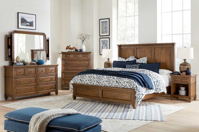 Aspenhome Thornton Sienna King Bed, Dresser, Mirror with Jewelry Storage, Chest and 1 Nightstand 15
