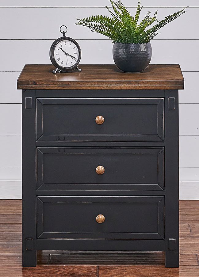 White nightstand with dark deals wood top