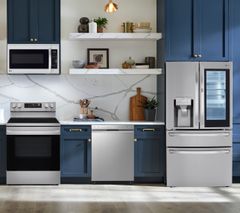 LG 4 Piece Kitchen Package with a 29.5 Cu. Ft. Capacity Smart French Door Craft Ice™ Refrigerator PLUS a FREE 10 PC Luxury Cookware Set and a FREE 6 Cu Ft Upright Freezer